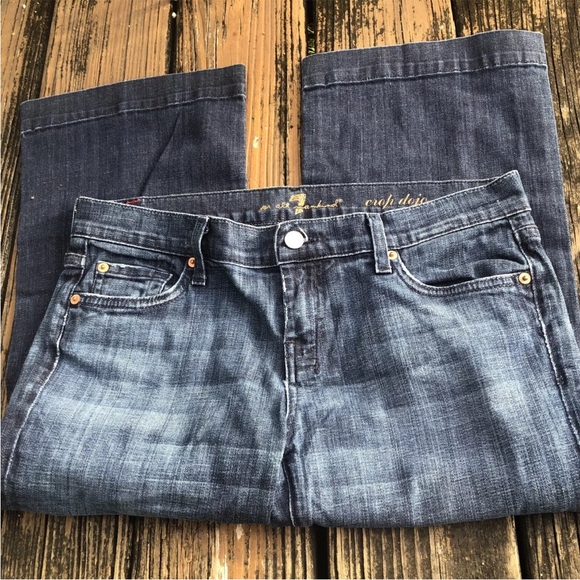 7 For All Mankind Jeans Sz 29 Crop Dojo Capri Blue Denim Stretch Womens Pockets - Picture 1 of 6